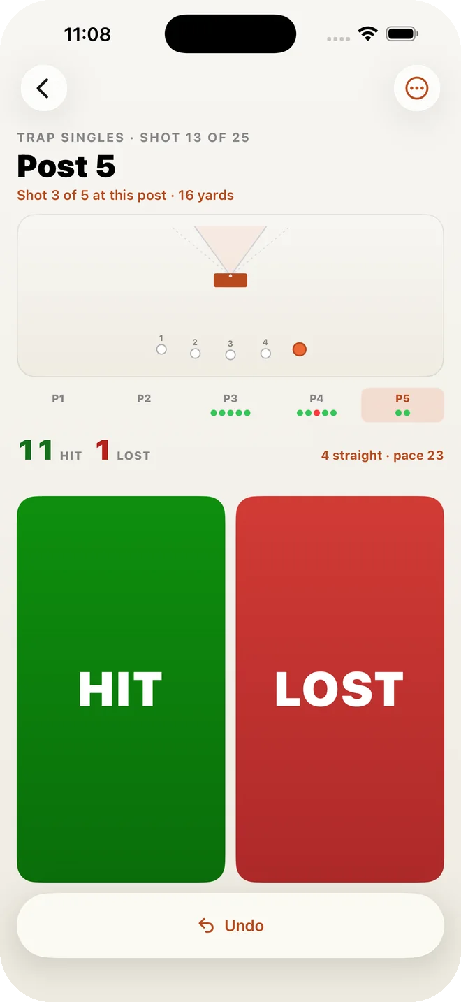 Scoring trap singles on iPhone in light mode: post 5, 11 hit and 1 lost